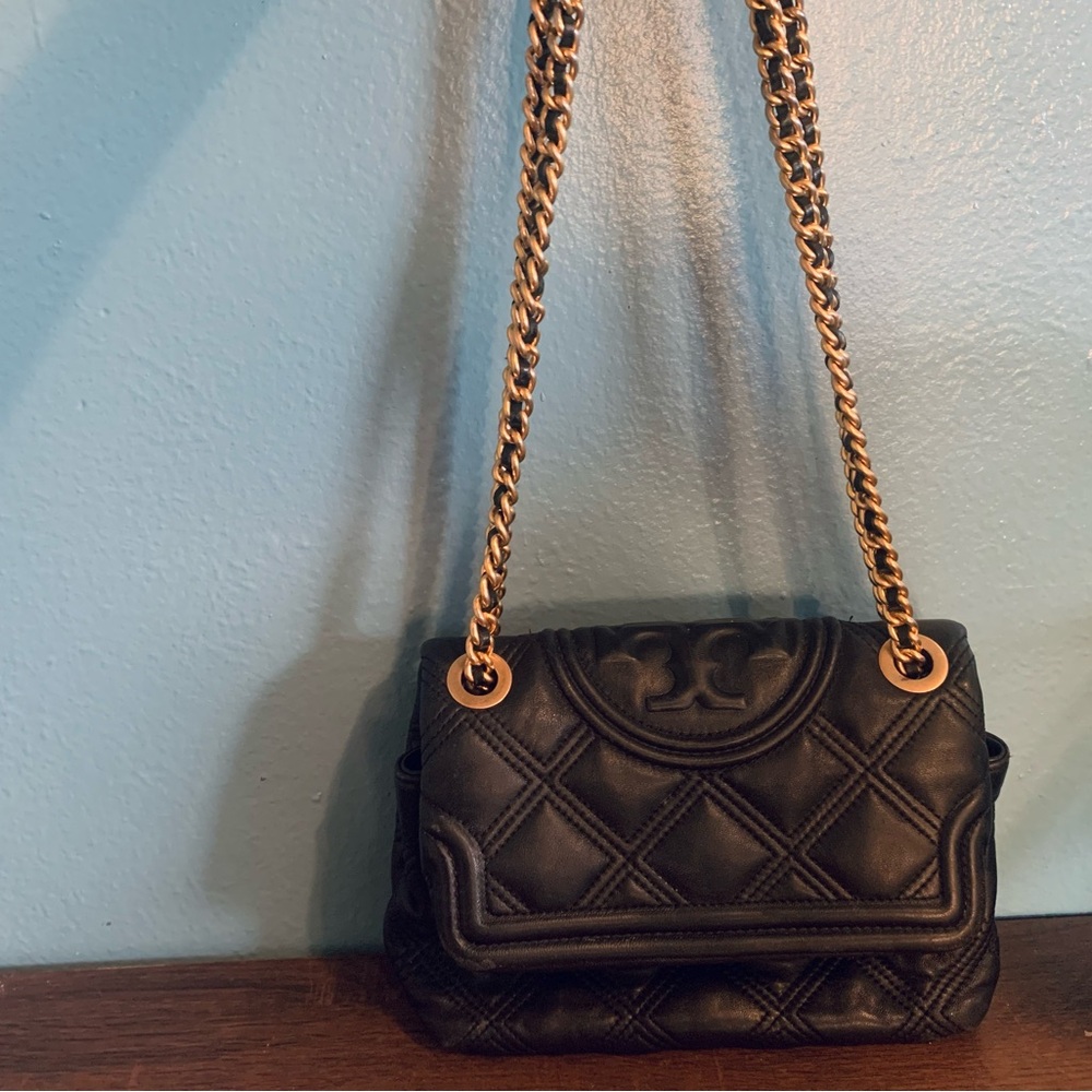 Tory Burch Black Quilted Shoulder Bag with Gold Chain